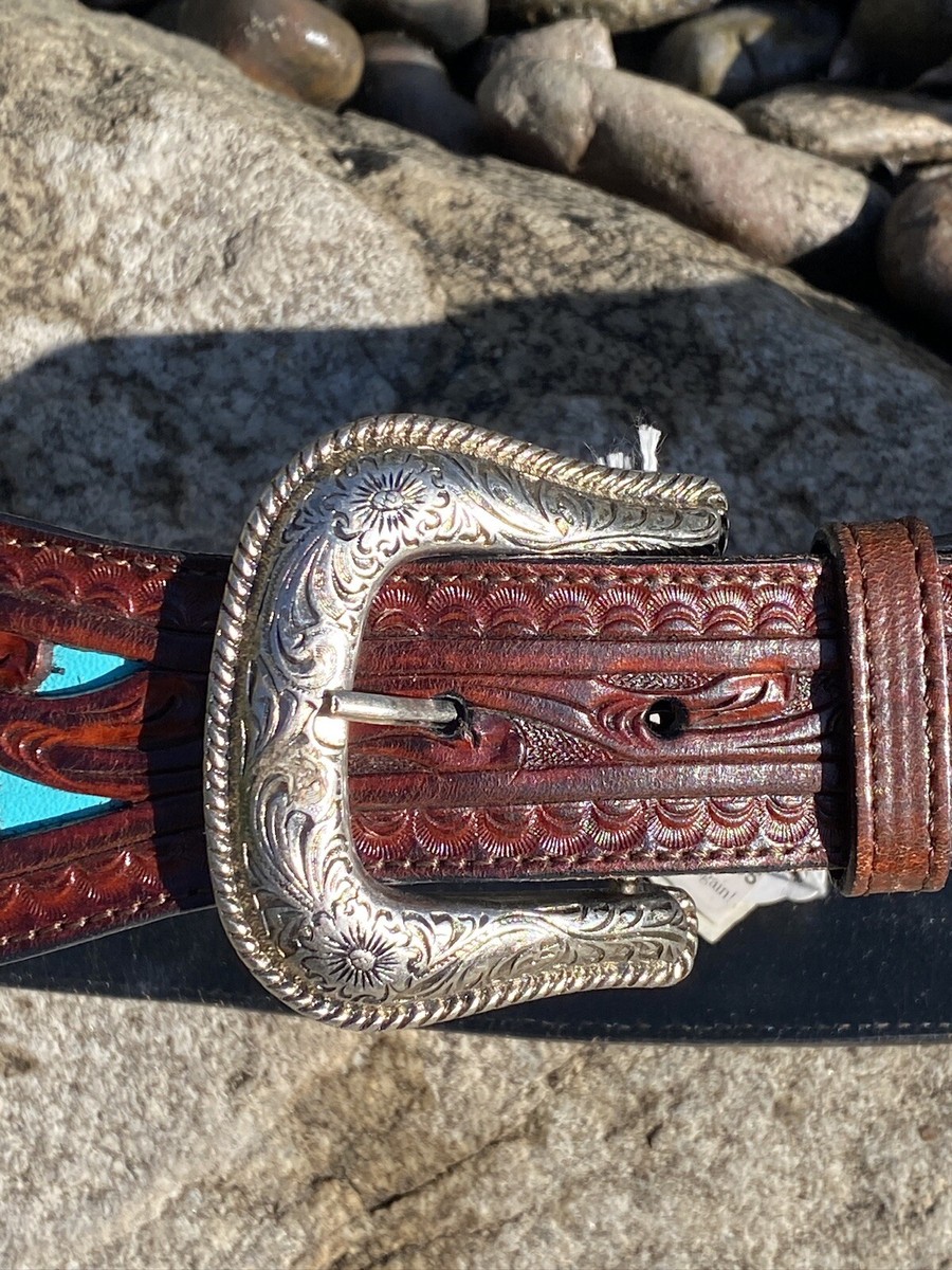 Appaloosa Trading Co. Turquoise Inlay Brown Leather Belt 40  display picture 1