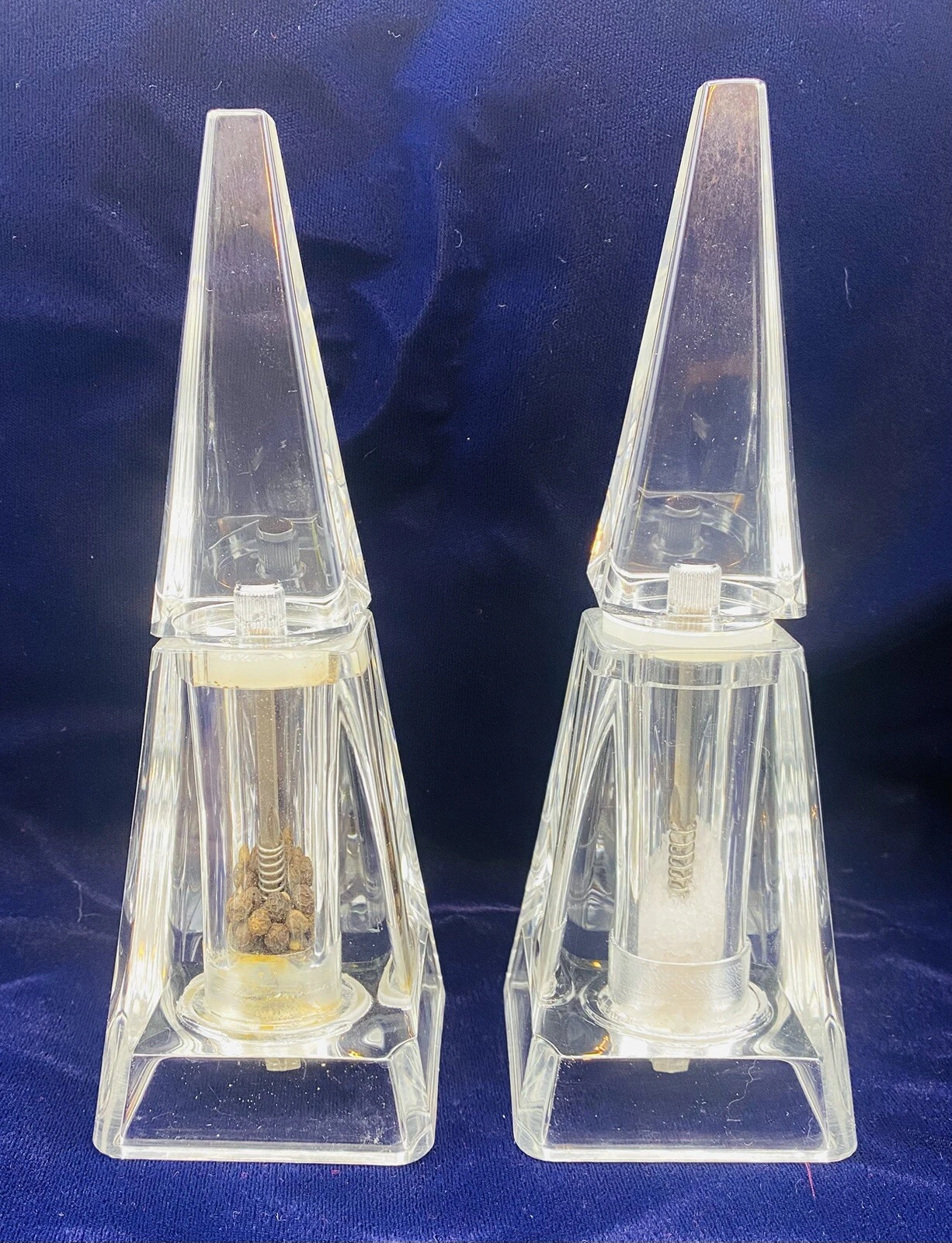 Vintage Postmodern Acrylic Pyramid Salt & Pepper Grinder/Mills Set Of 2
