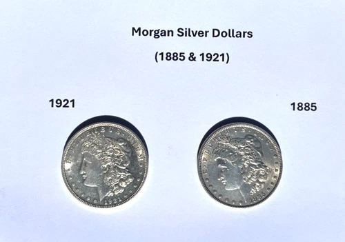 Lot of 2 Morgan Silver Dollars, 1921 & 1885, AU, 90% Silver & Good Luster