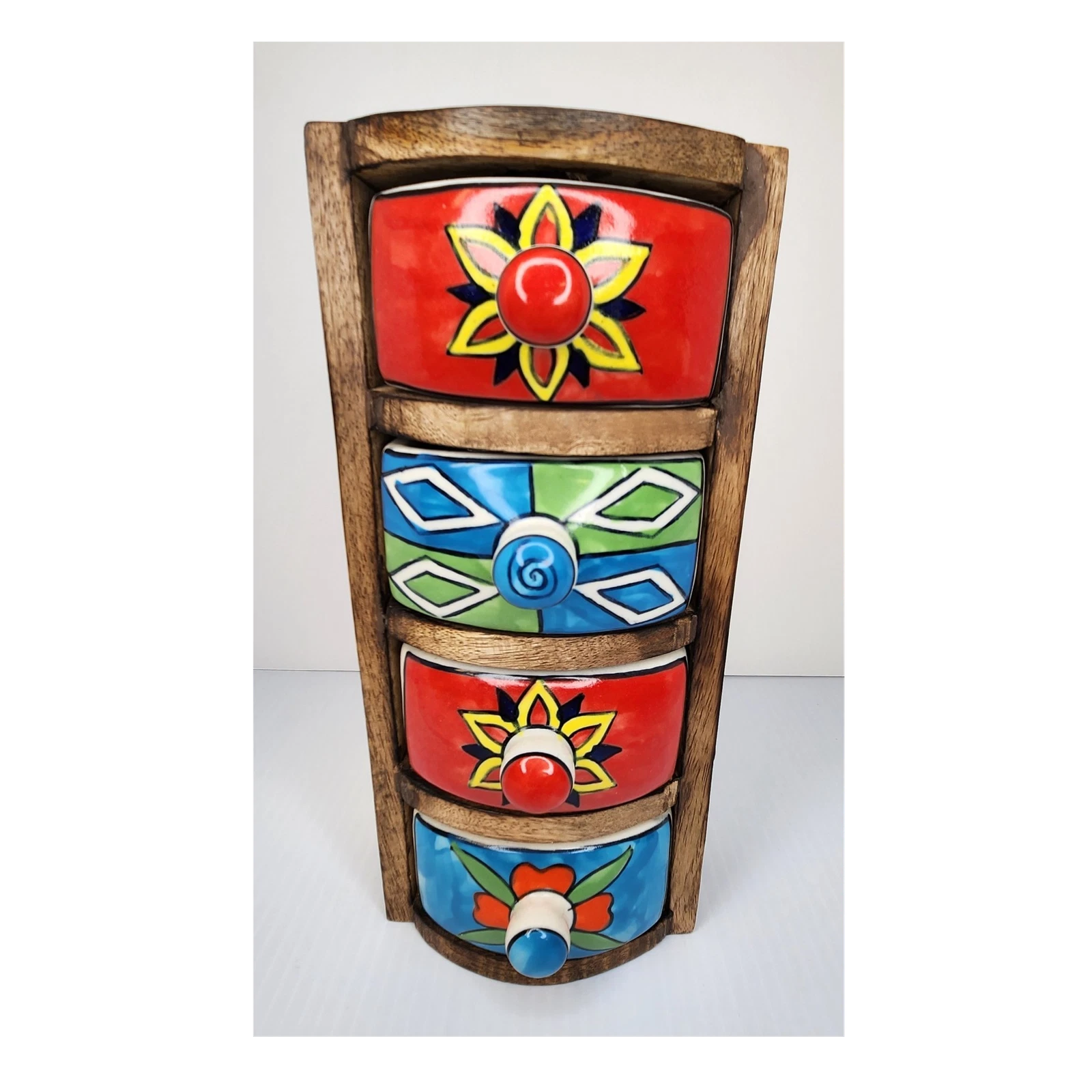 Vatican Homes Handcrafted Multicolor Wood Ceramic Spice Drawer Rack 4 Drawers
