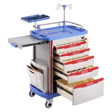 5 Tiers Lab Carts Mobile Medical Rolling Cart with 5 Drawers & 2 Trash Cans Blue