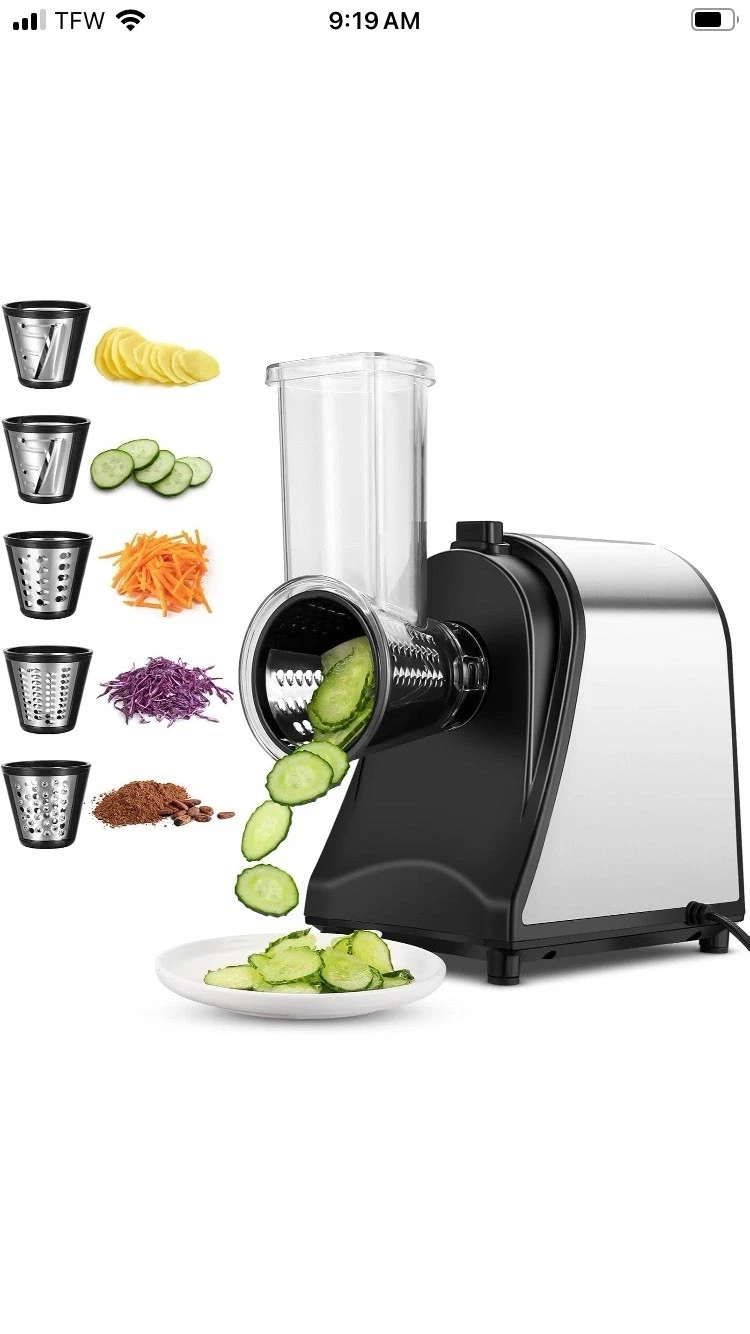 5-in-1 Electric Cheese Grater Shredder 250W for Cheese Veggies Fruits BPA-Free