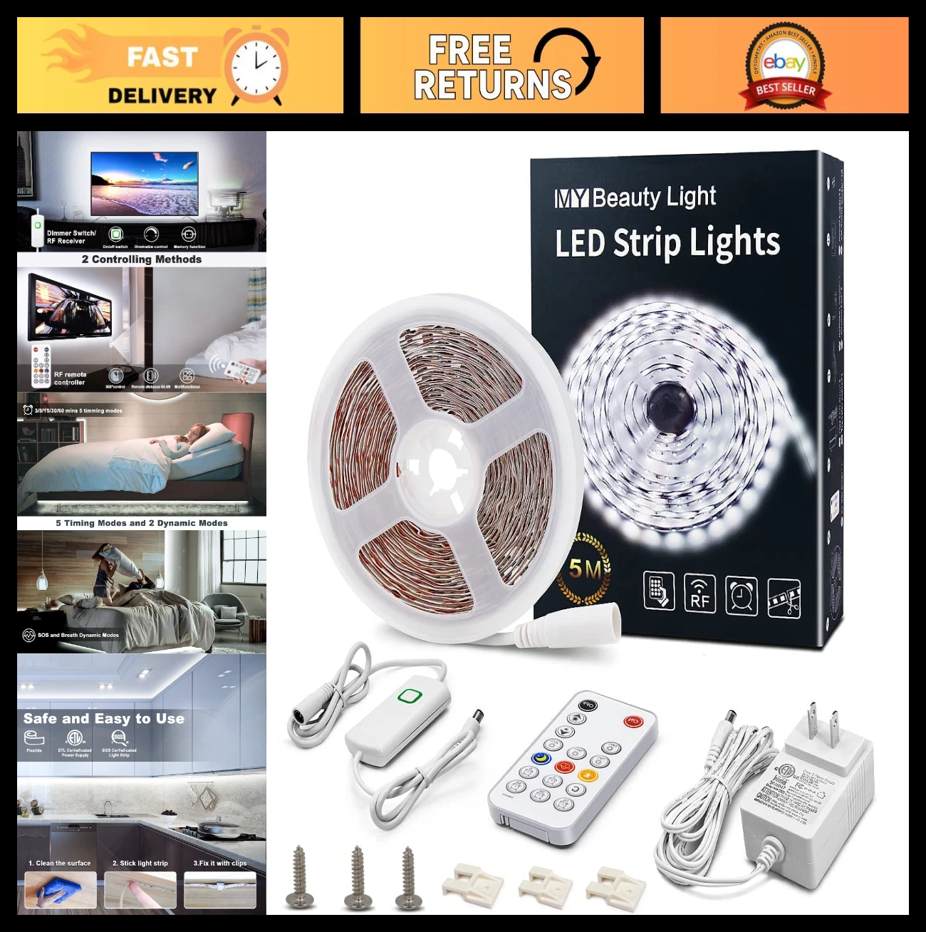 Dimmable 16.4ft White LED Strip Lights, 300 Bright 6500K, RF Remote, Strong Adhe