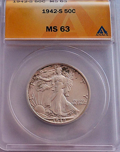 1942-S Walking Liberty Half Dollar ANACS MS 63 with some toning