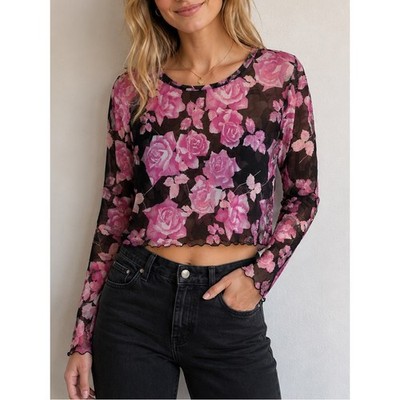 Newport News Sun Streak Y2K Semi Sheer Pink Rose Print Mesh Long Sleeve Top XL
