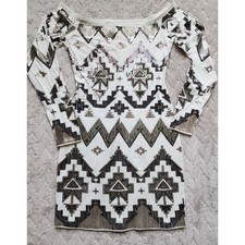 Express Women White Sequin Geometric Tribal Off Shoulder Bodycon Mini Dress S