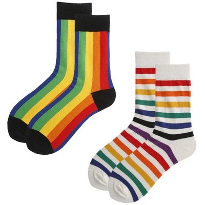 2 Pairs Unisex Cotton Socks Mid-Calf Length Striped Rainbow Durable Stockings - Image 1 of 4