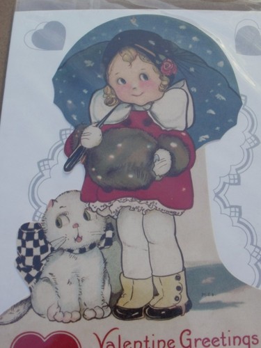 NEW VTG Look Valentine Die-Cut Card Laughing Elephant Little Girl Umbrella Cat - Picture 3 of 5