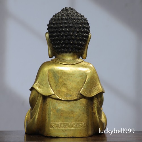 Statua Buddha Shakyamuni dorato bronzo tempio buddismo tibetano antico 8,7" - Foto 2 di 9