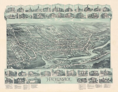 12370.Decoration Poster.Vintage Interior wall design.1895 Hackensack map aerial