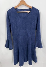 Aryeh Faux Suede Fit & Flare Mini Dress 3/4 Bell Sleeves Blue Small Whimsigoth