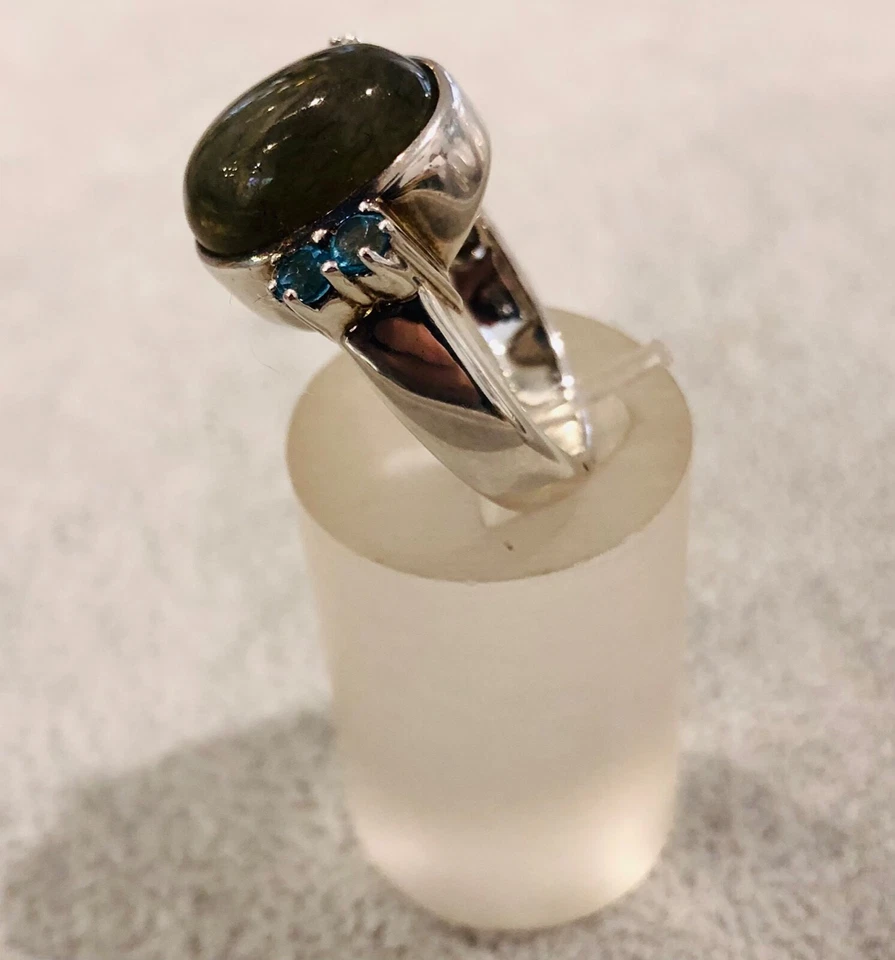 925/- Silberring mit grünen Labradorit , blauen Zirkonia, Ringgröße 56 - Bild 2 von 2