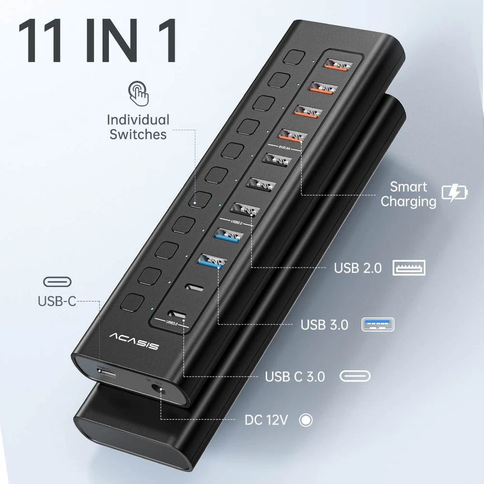 Acasis 5Gbps USB 3.0 Hub 11 Port On/Off Switch with AC Power Adapter for Laptop - Image 2 of 4