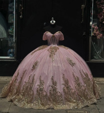 Elegant Pink Princess Quinceanera Dresses Ball Gown Gold Appliqued Off Shoulder