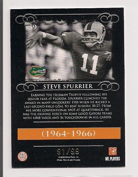 2008 STEVE SPURRIER PRESS PASS LEGENDS *GOLD* 91/99 #59 FLORIDA GATORS - Image 2 of 2