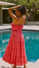Anthropologie Women Dress Midi Tiered Scrappy Pink Preppy Vacay Boho Large NWT