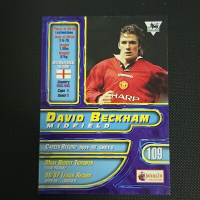 David Beckham Manchester United Merlin Premier Gold 98 Soccer Card
