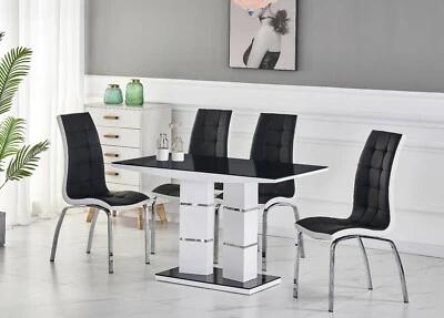 Dining Table Set TIVOLI Black Glass White High Gloss and 4 Faux Leather Chairs