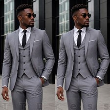 Men Suits Grey 3 Pcs Suit Wedding Groom Tuxedo Blazer Vest Pants Formal Business