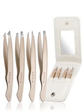 4 Piece Stainless Steel Eyebrow Tweezer Set with Travel Mirror Case
