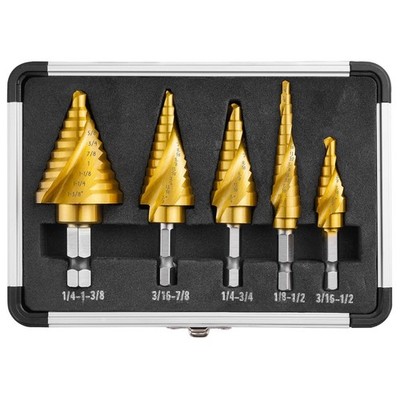 5PCS Step Drill Bit Set with Two Spiral Grooves, 50 Sizes (3/16'' to 1-3/8'') HSS