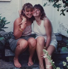 1990s Pretty Women Friends Portrait Porch Steps Hug Smiling Candid