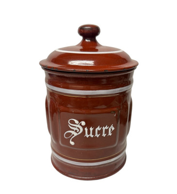 Warm Reddish-Brown Vintage French Enamelware 'Sucre' Canister by Luc & Cie