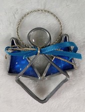 Stained Glass Angel Blue Wings Clear Body Metal Frame Braided Metal Halo 2.75"