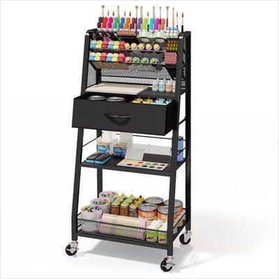 Homsorout 3 Tier Rolling Cart - Metal Utility with Storage Drawer Black 