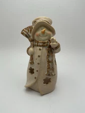 Tii Collections Ceramic Tealight Holder Snowman Holding Bird Beige Glossy 5.75"