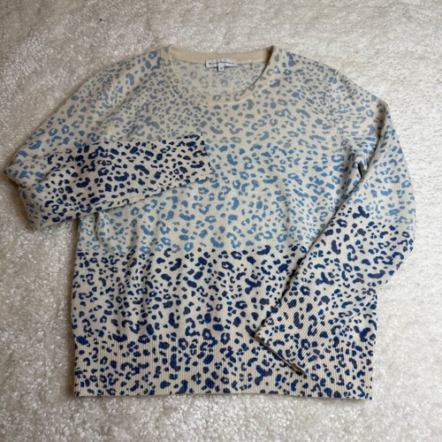 White + Warren Sweater Women M Blue Leopard Ombre 100% Cashmere Crew Neck