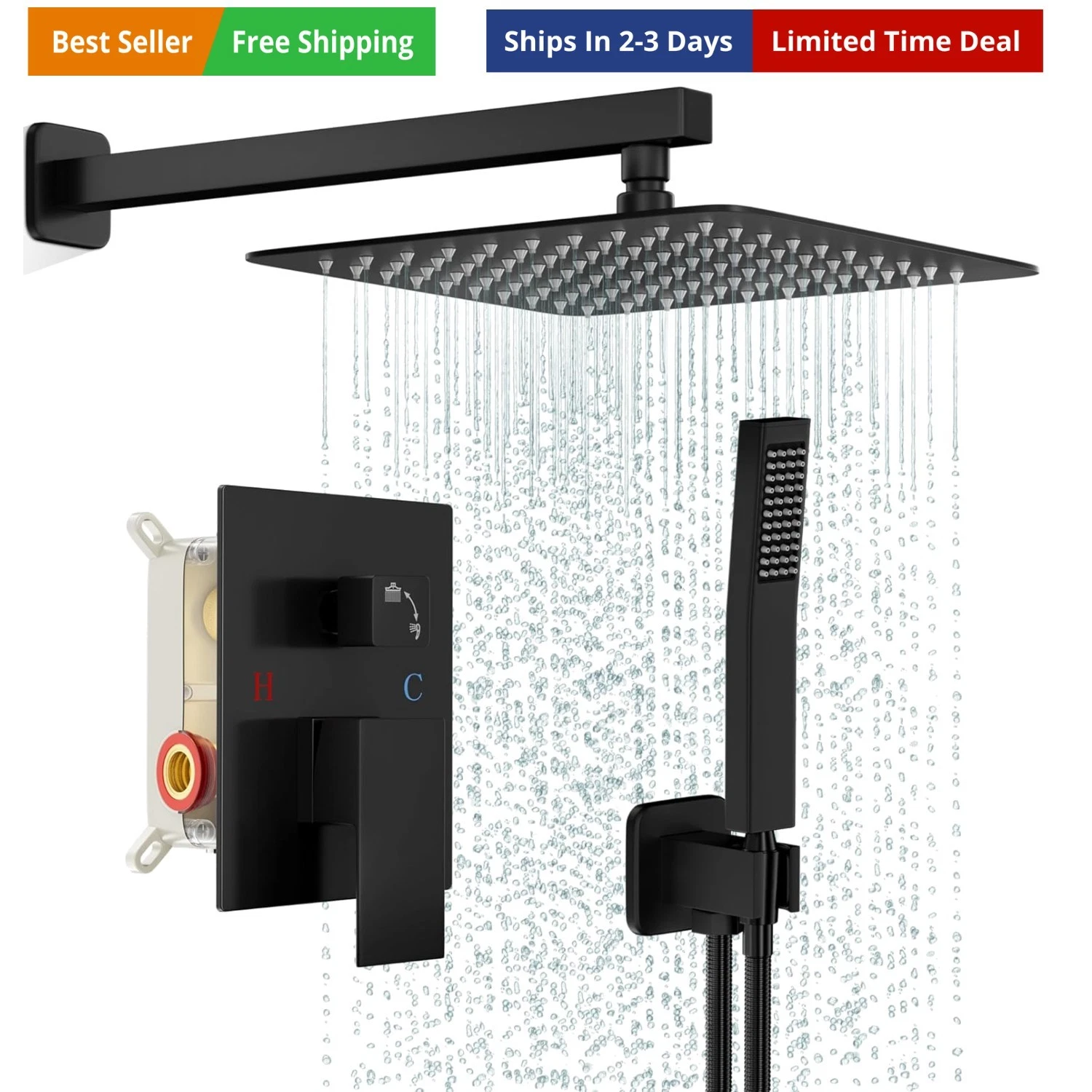 Black Shower Faucet Set, Rainfall Shower System with Square Shower Head and H...