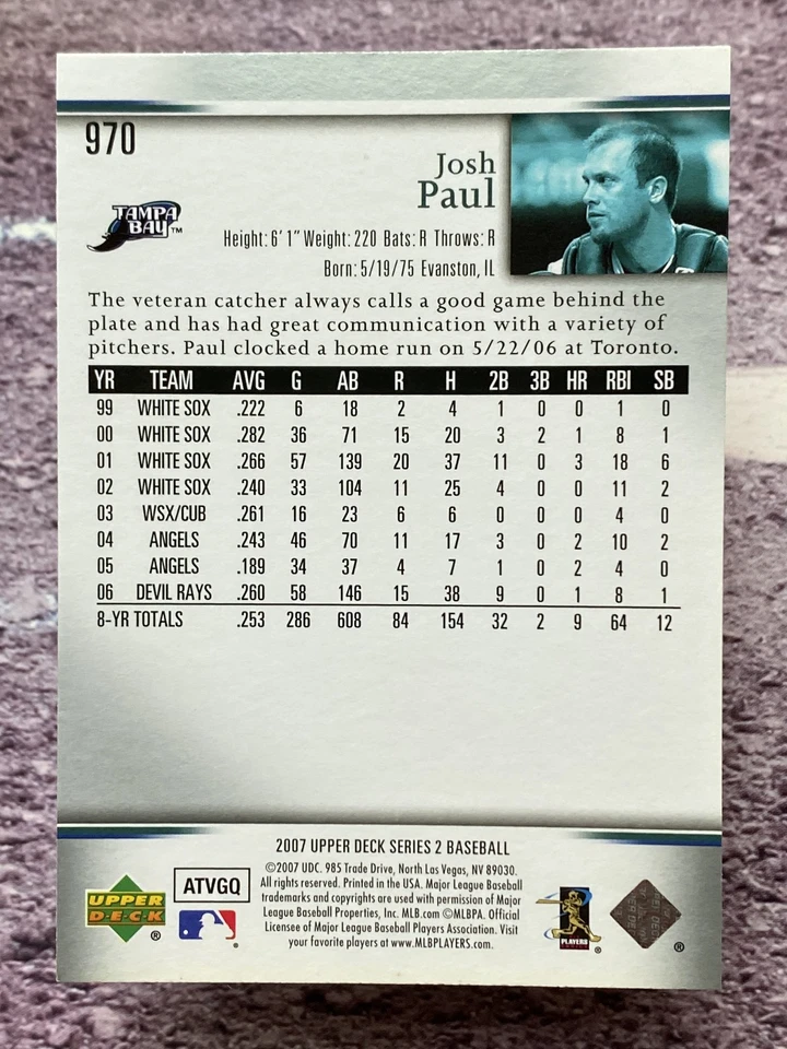 2007 Upper Deck Josh Paul #970 Tampa Bay Devil Rays - Image 2 of 2