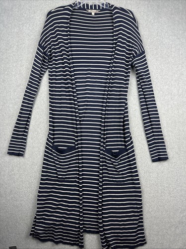 Athleta Cardigan Womens M Blue Stripe Retreat Wrap Open Long Silk Cashmere Blend