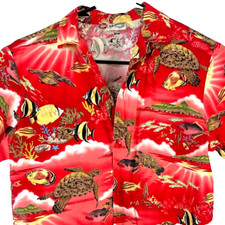 Hilo Hattie Kids Red Hawaiian Shirt size L 10/12 Boys Turtle Tropical Fish