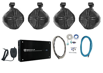 4 Rockville RWB90B 8'' Wakeboard Marine Speakers+4 Channel Amplifier+Amp Kit