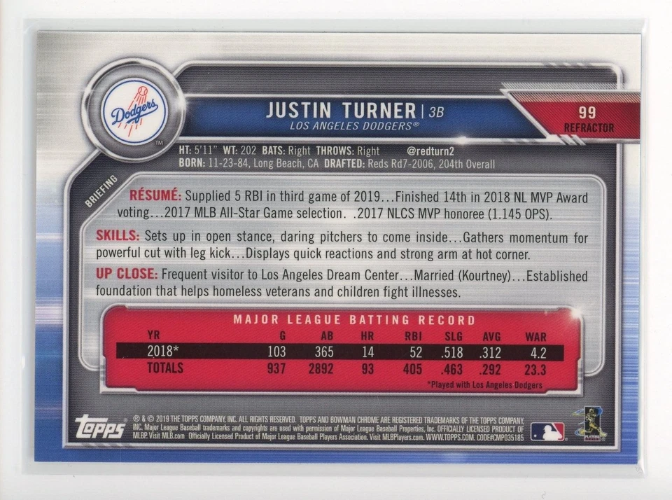 2019 Bowman Chrome Refractor #99 Justin Turner Dodgers /499 - Image 2 of 3