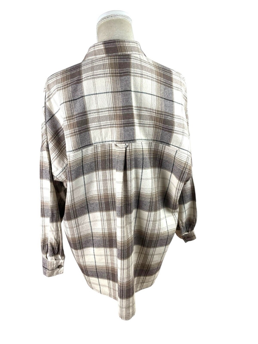 Stradivarius Beige Check Shirt Cotton Soft Touch Oversized Women’s UK Size XS View 3
