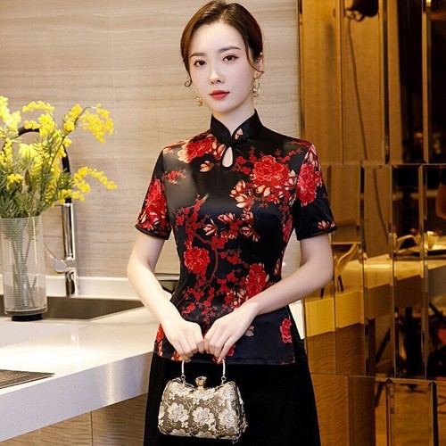 Chinesisches Qipao-Damenhemd Mandarinenkragen traditionelle Bluse kurzärmelige Oberteile - Bild 25 von 29