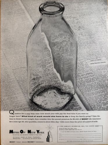 1956 Mutual Of New York B&W Insurance Vintage Print Ad