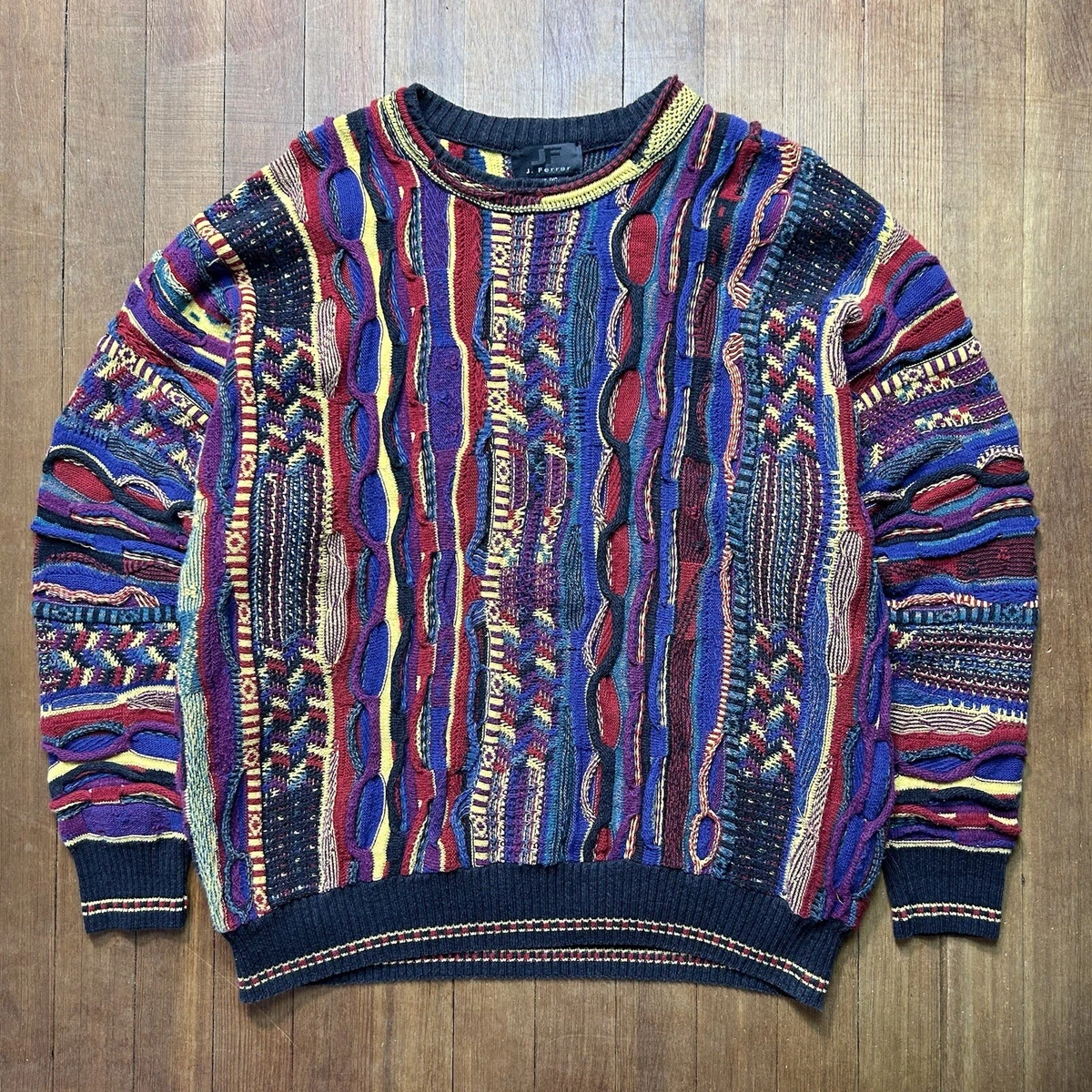 Vintage 90s Coogi Style J. Ferrar Sweater Rainbow 3D Knit Size XL
