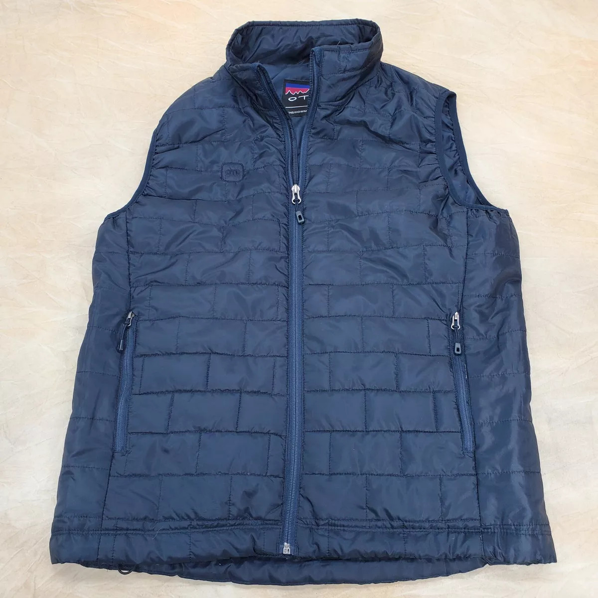 OTB Quilted Vest Mens M Blue Full Zip Pockets & Mock Collar Drawstring Waist