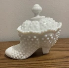 Vintage Handmade Hobnail Milk Glass White Boot Candy Dish with Lid