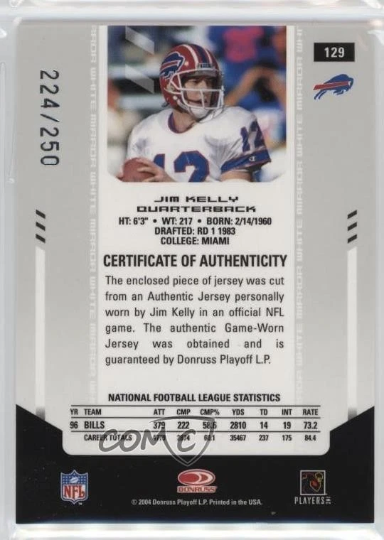 2004 Leaf Certified Materials Flashback Mirror White /250 Jim Kelly #129 HOF - Image 2 of 2