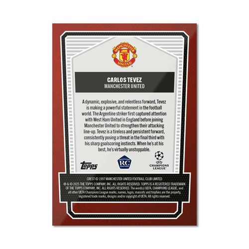 TOPPS THE LOST ROOKIE 2025 CHAMPIONS LEAGUE CARLOS TEVEZ MAN UTD PREORDER - Picture 2 of 2