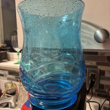Hand Blown Art Glass Aqua Etched Bubble Glass Vase