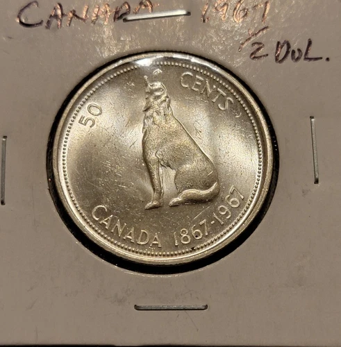 1967 Canadian Howling Wolf 50 Cents Half Dollar Canada 80% Silver Coin Unc