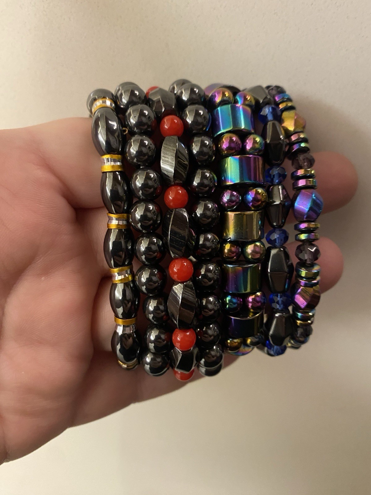 Set Of 7 Magnetic Hematite Bracelets Stretchy Colorful Therapy Jewelry Colorful