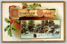 Holiday~Christmas Wishes~Winter House Gate In Frame w/Holly~Gold Border~c1910 PC