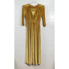 Baltic Born Dress Womens Medium Gold Velvet Maxi 3/4 Sleeve V Neck Elastic Wrap